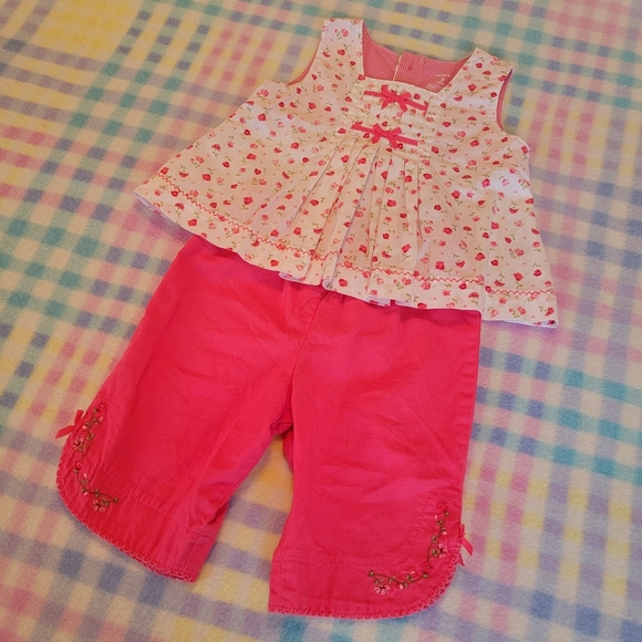 CARTER'S ♡ 2pc Coral 'n White Mini Floral|Bow Top 'n Embroidered Pants Outfit 3M - Picture 10 of 15